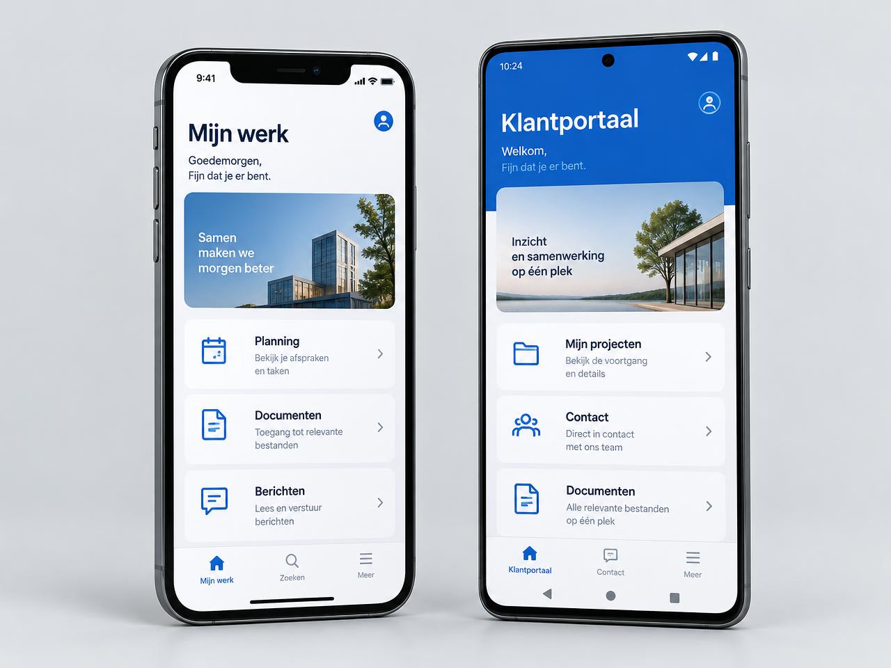 Ontwerpvoorbeeld van een medewerkersapp en een klantapp op iPhone en Android