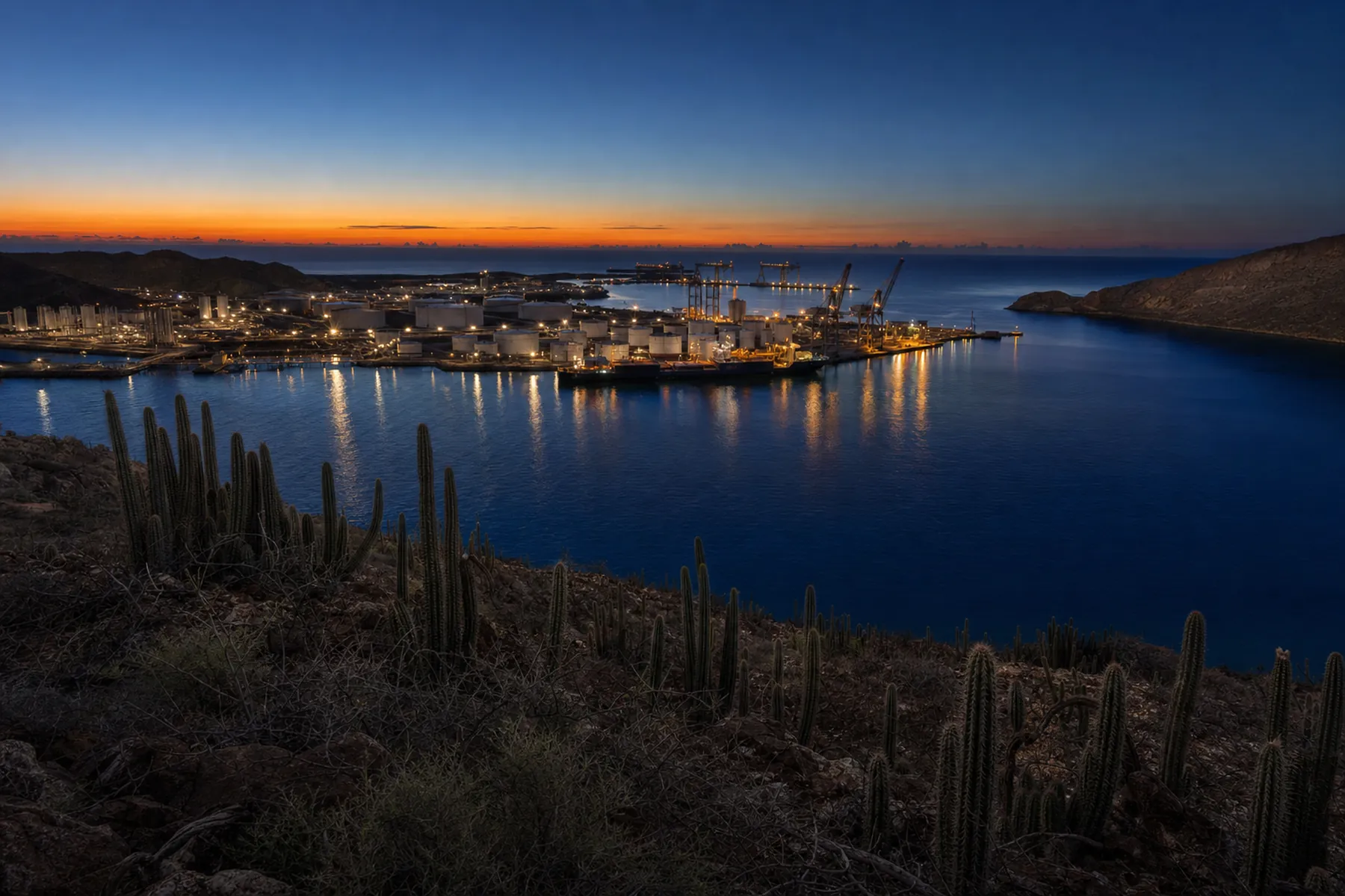 De haven van Curaçao bij zonsondergang, gezien vanaf een rotsige helling met cactussen